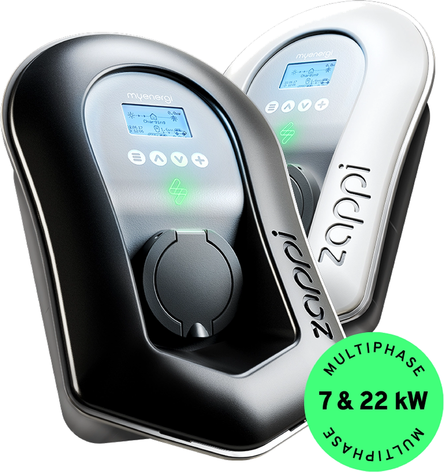 myenergi Zappi home EV charger in black and white with Type 2 connector